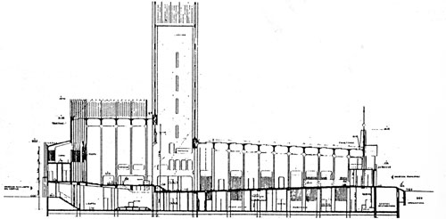 Sezione longitudinale (10 dicembre 1964) con la torre sul presbiterio (Curia Arcivescovile di Taranto)