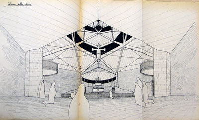 Schizzo prospettico dellinterno, progetto agosto 1957 (Arcidiocesi di Torino, Archivio Torino Chiese)