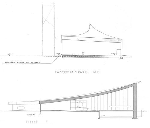 Sezione trasversale, sull'aula liturgica e sulla cuspide del tabernacolo (archivio Leoni). Schizzo di sezione sull'aula liturgica; a sinistra, l'ipotesi di campanile (archivio Leoni).