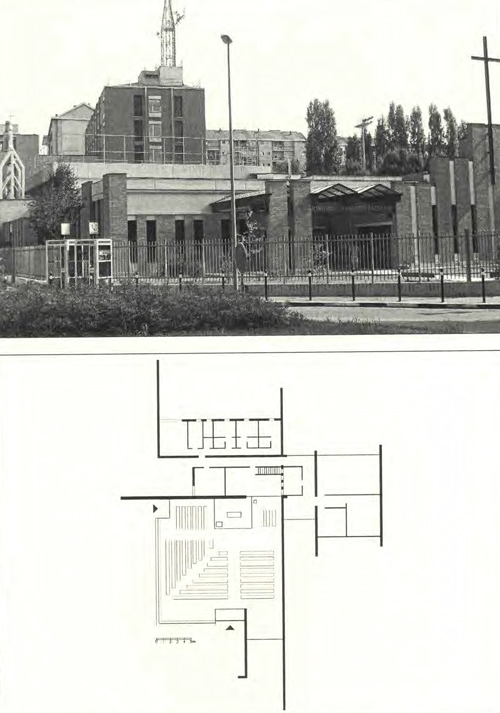 Risurrezione di N.S. Ges Cristo (1976, progetto di Franco Barbano, Eraldo Comoglio e Carlo Piccablotto, vista esterna e ridisegno della pianta)