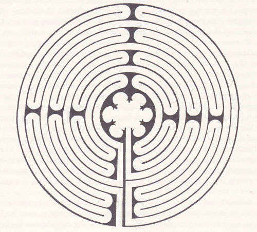 La figura del labirinto sul pavimento presso l'entrata della cattedrale di Chartres.